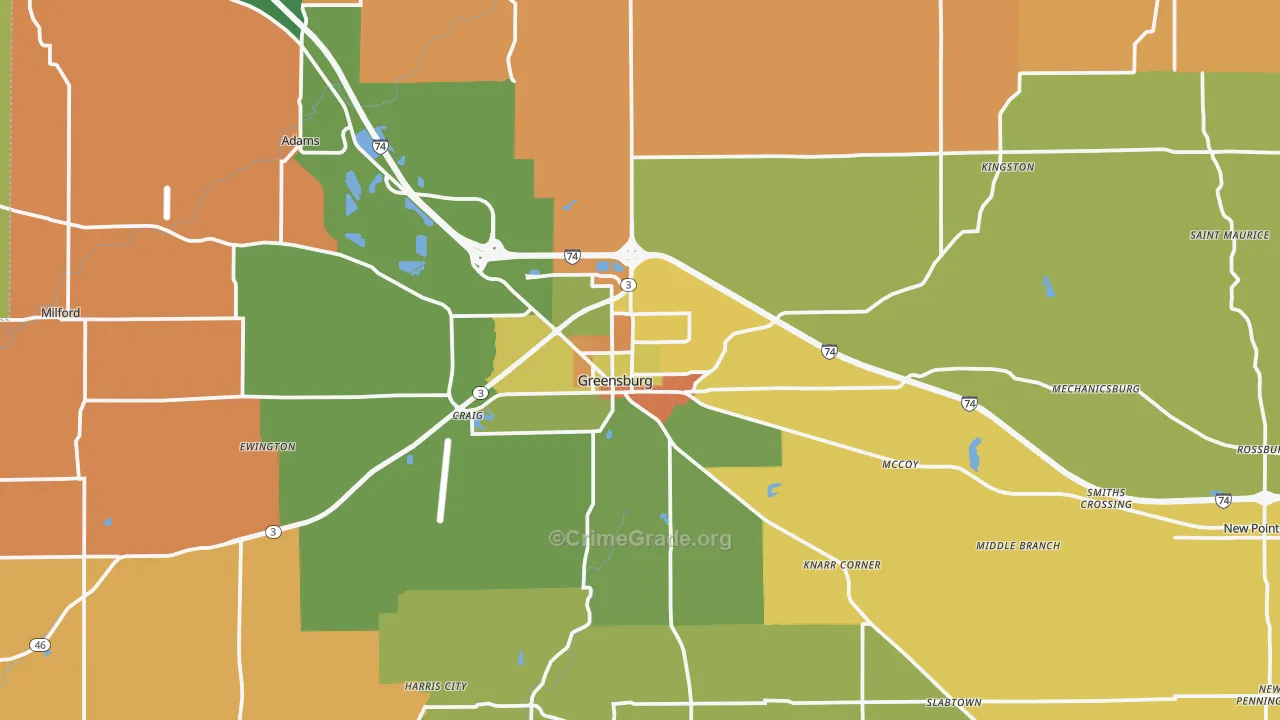 Greensburg, IN Map of Robbery Rates