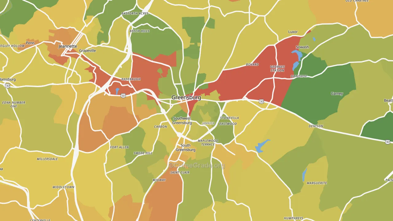 Greensburg, PA Map of Robbery Rates