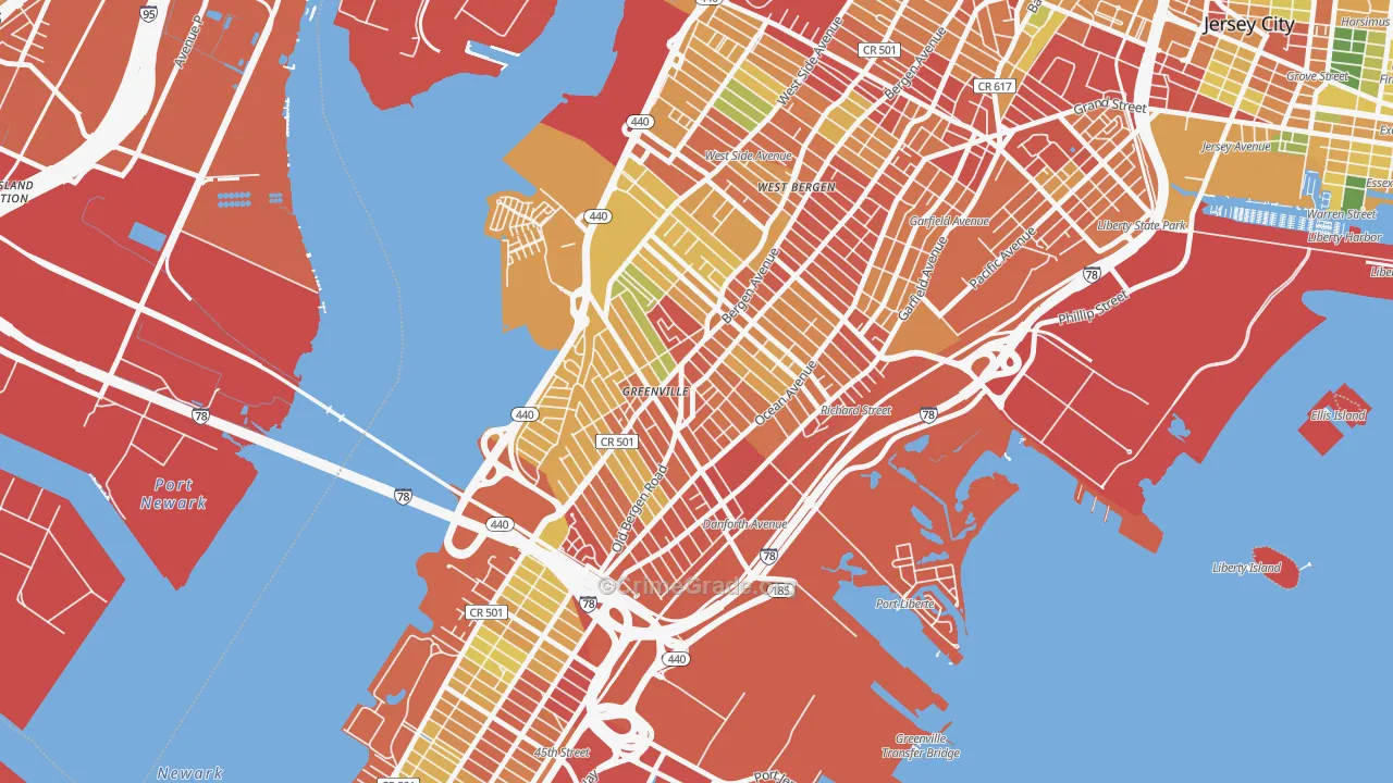 Greenville, Jersey City, NJ Map of Robbery Rates