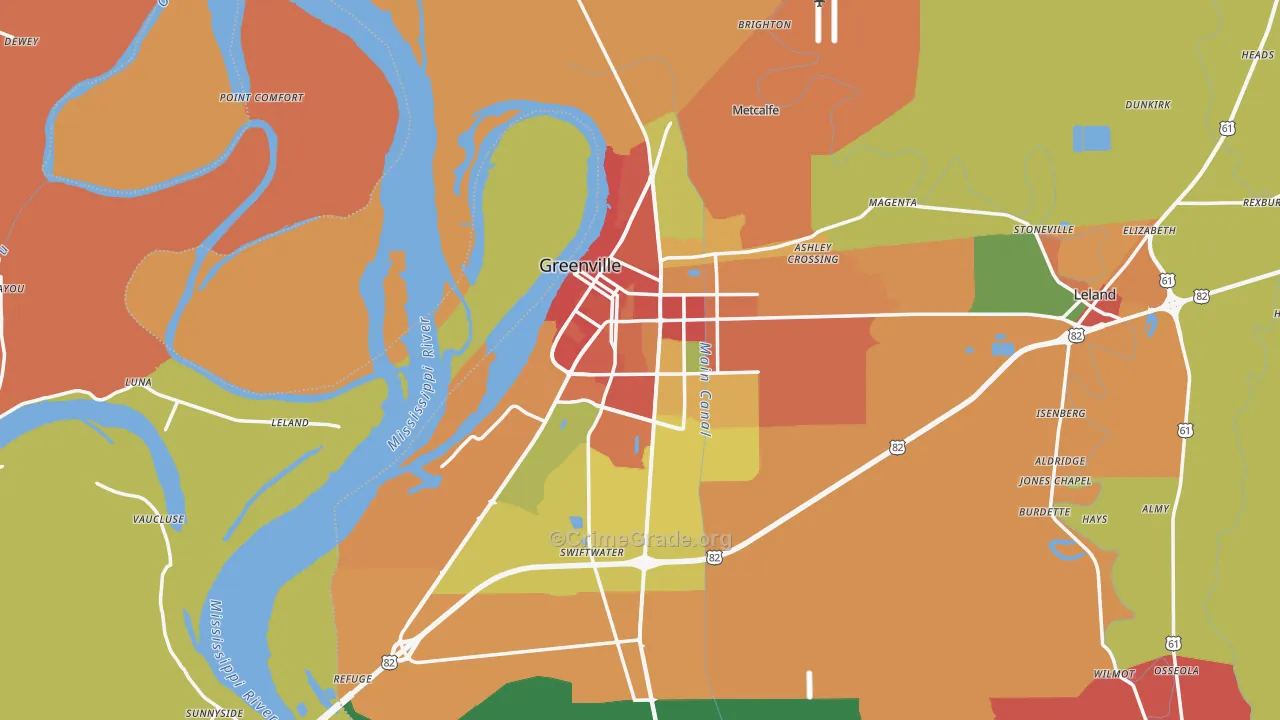 Greenville, MS Map of Robbery Rates