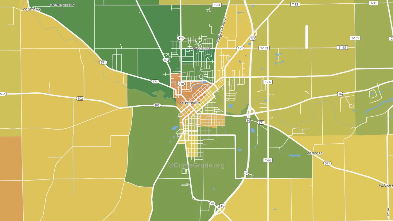 Greenville South Broadway Historic District, Greenville, OH Map of Robbery Rates