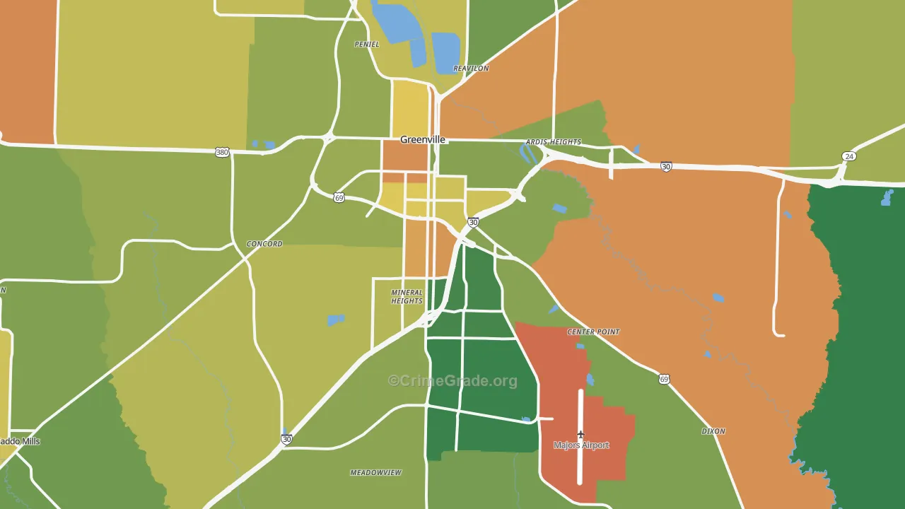 Greenville, TX Map of Robbery Rates
