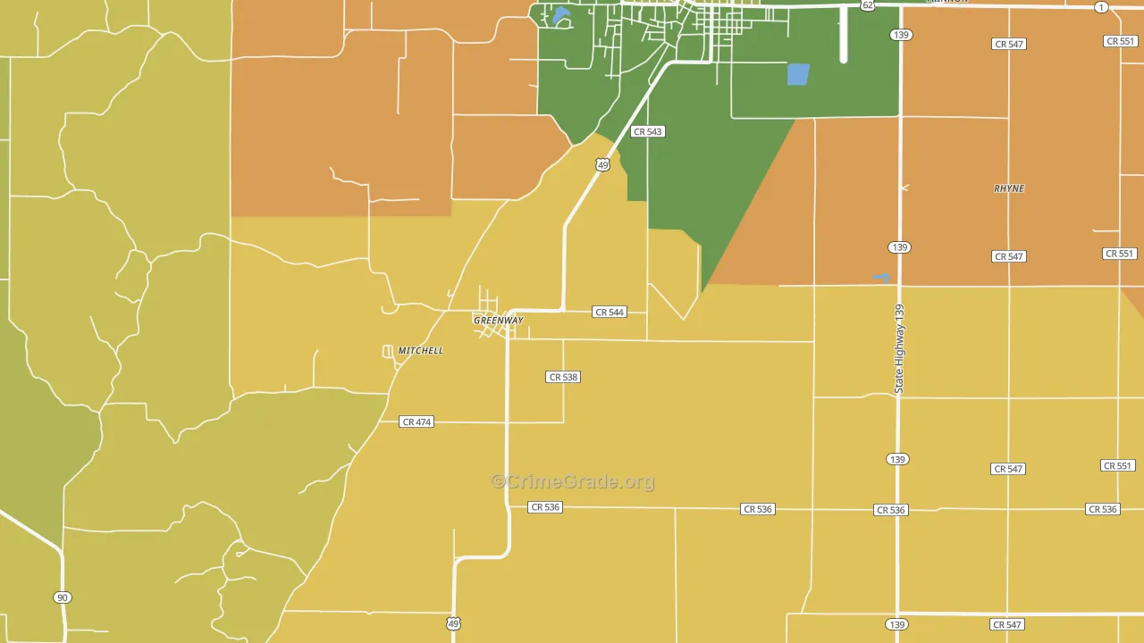 Greenway, AR Map of Robbery Rates