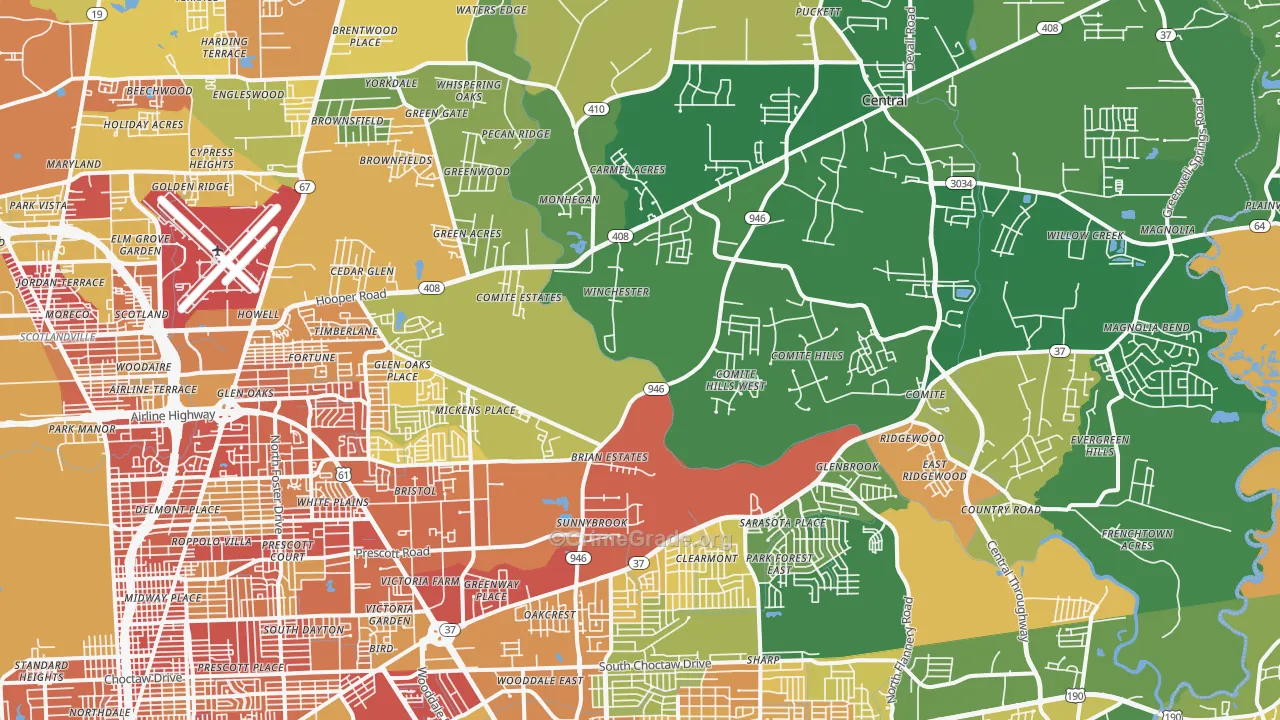 Greenwell Springs-Central Area, Baton Rouge, LA Map of Robbery Rates