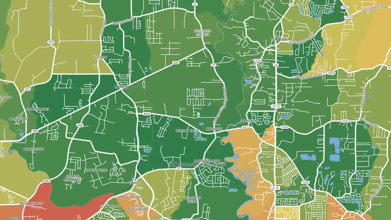 Greenwell Springs, LA Map of Robbery Rates
