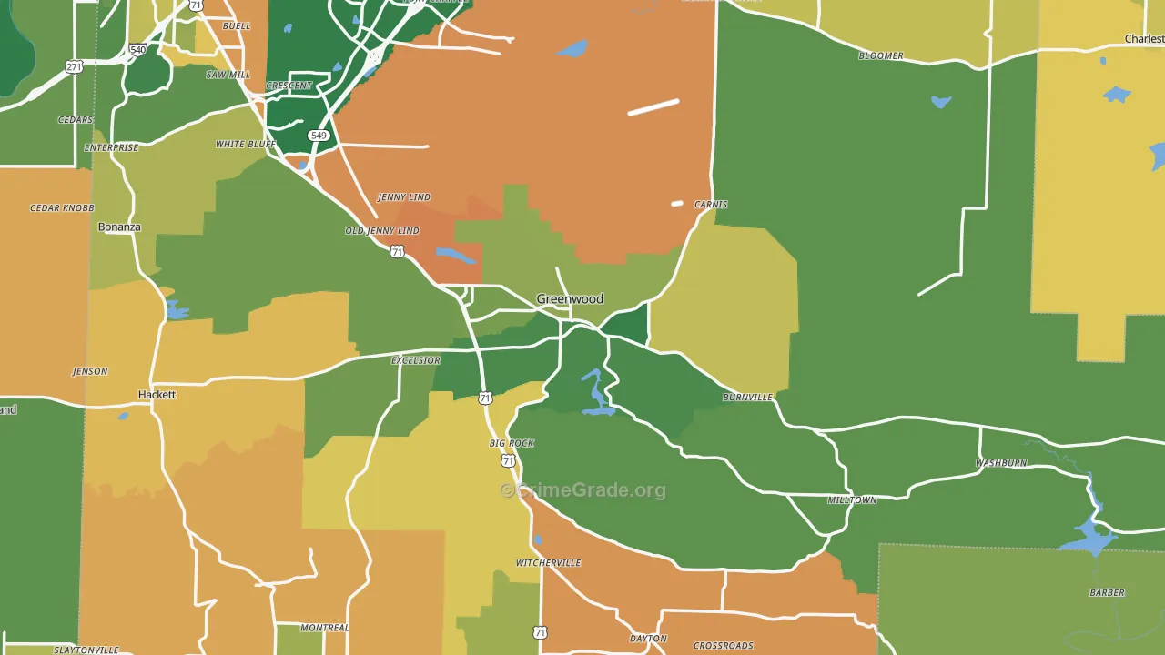Greenwood, AR Map of Robbery Rates