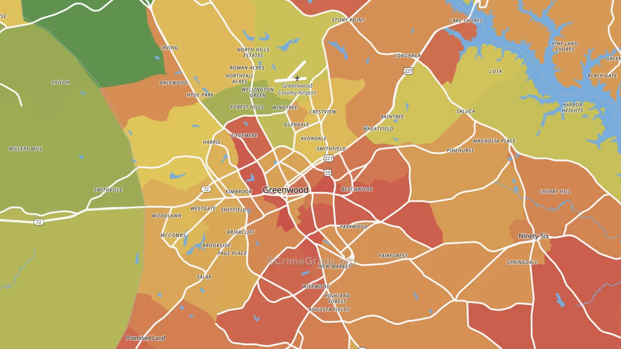 Greenwood County, SC Map of Robbery Rates