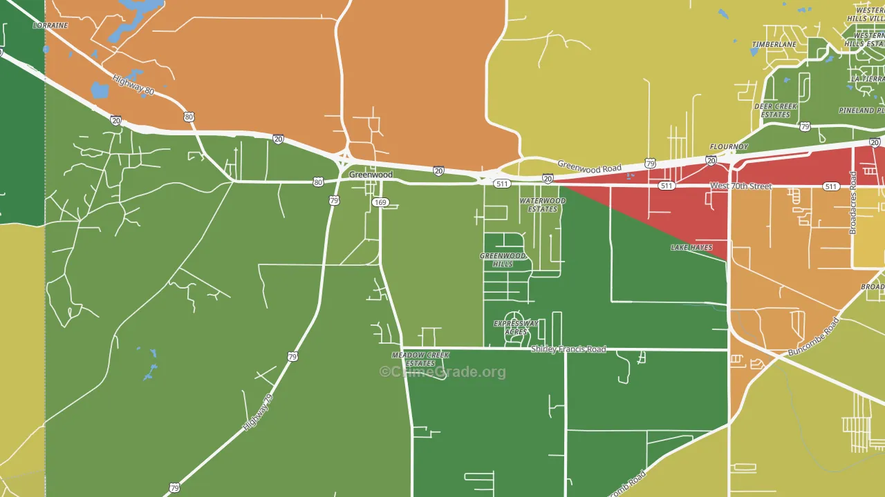 Greenwood, LA Map of Robbery Rates