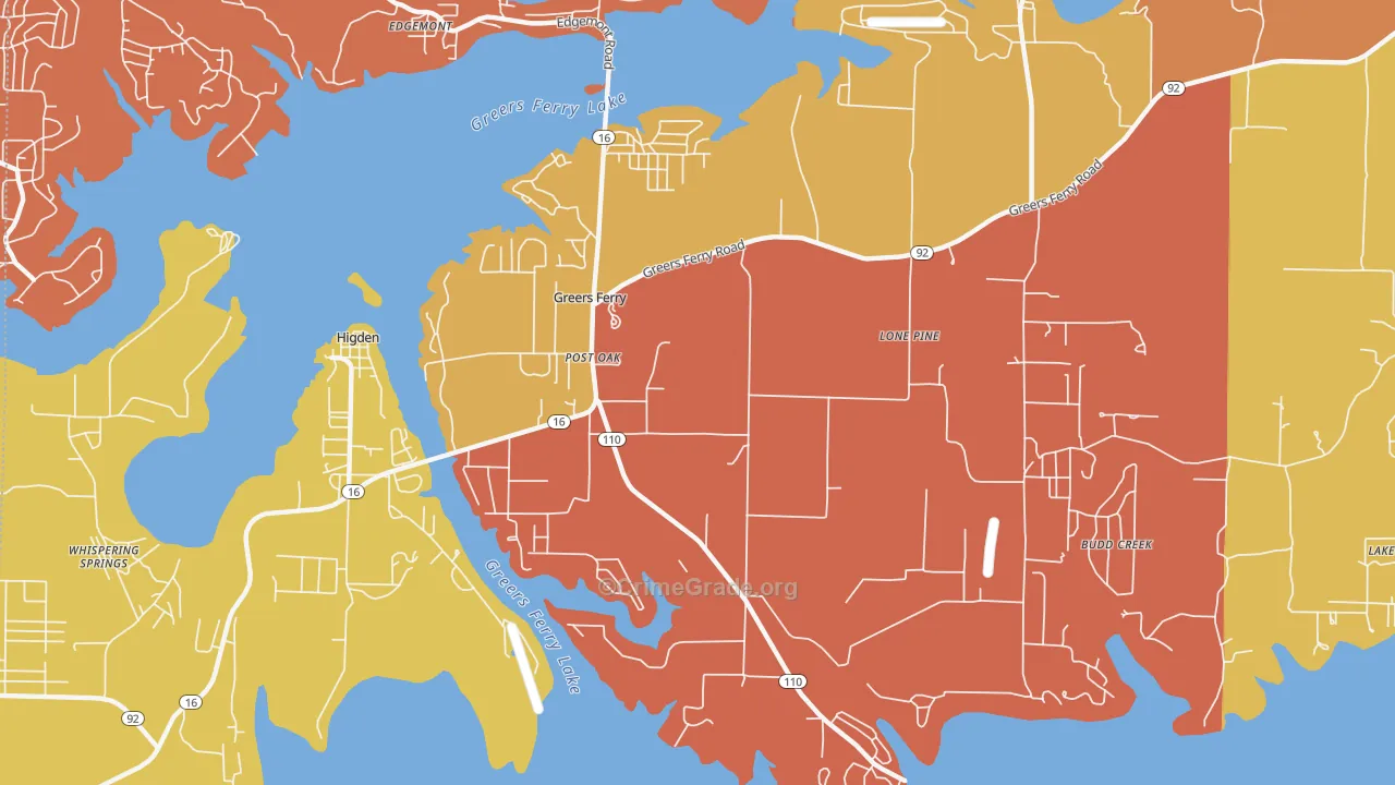 Greers Ferry, AR Map of Robbery Rates