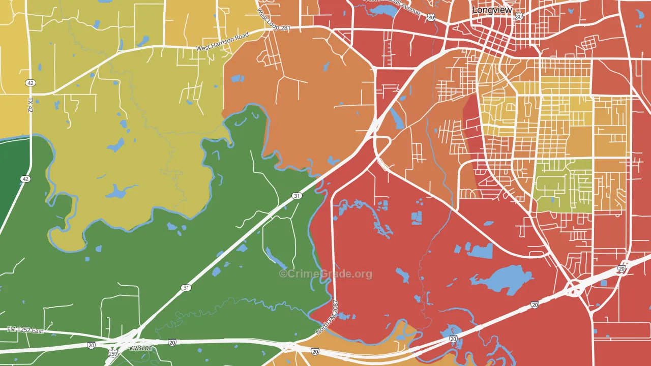 Greggton, TX Map of Robbery Rates