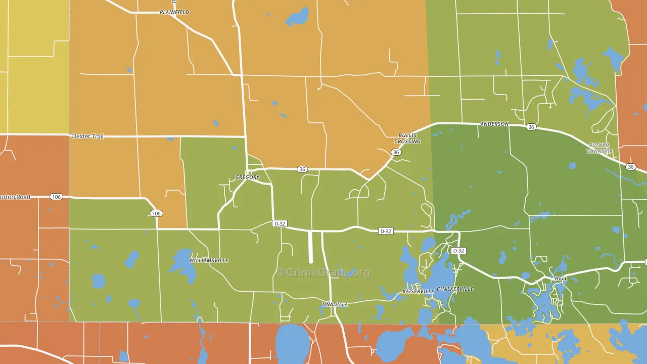 Gregory, MI Map of Robbery Rates