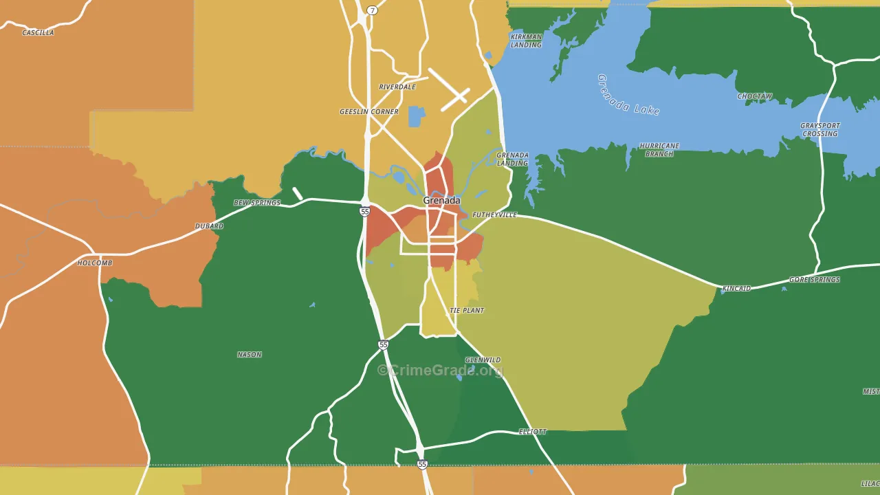 Grenada County, MS Map of Robbery Rates