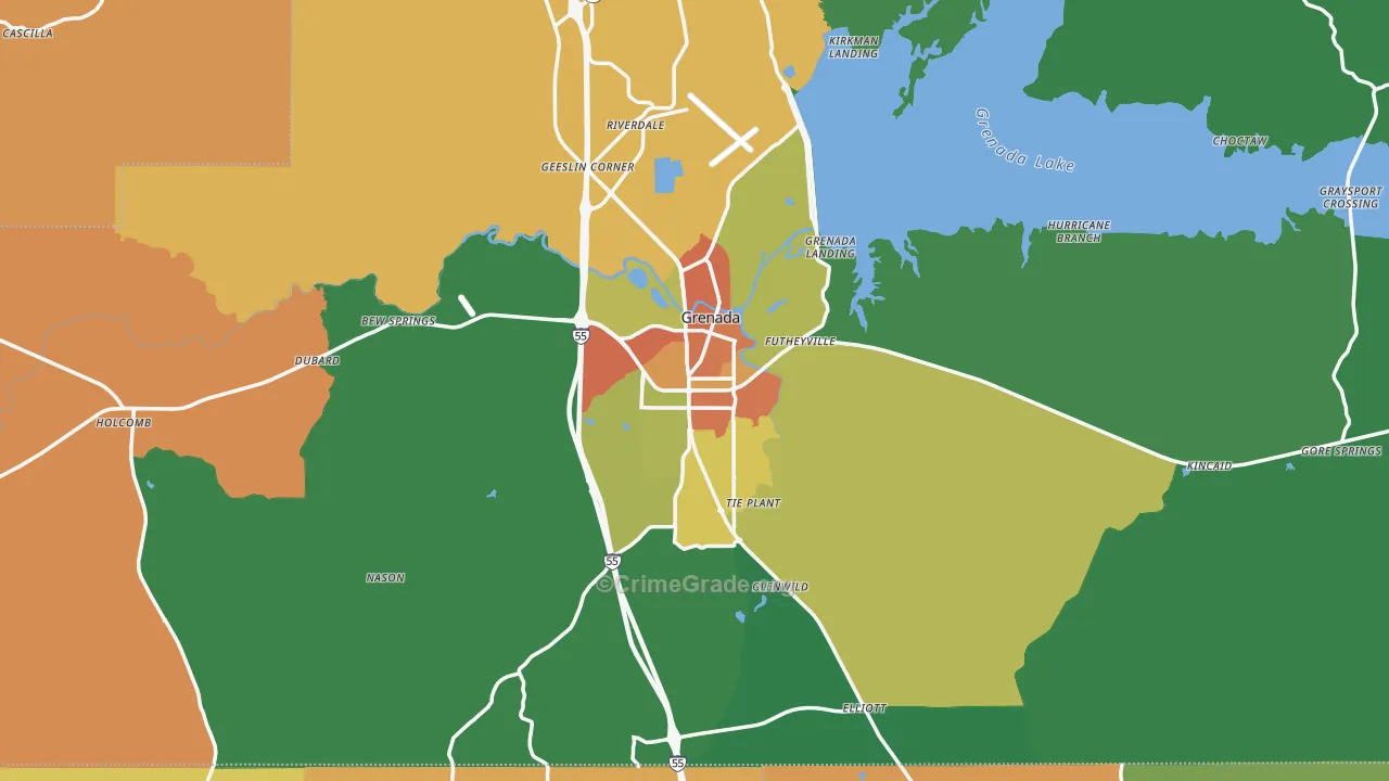 Grenada, MS Map of Robbery Rates