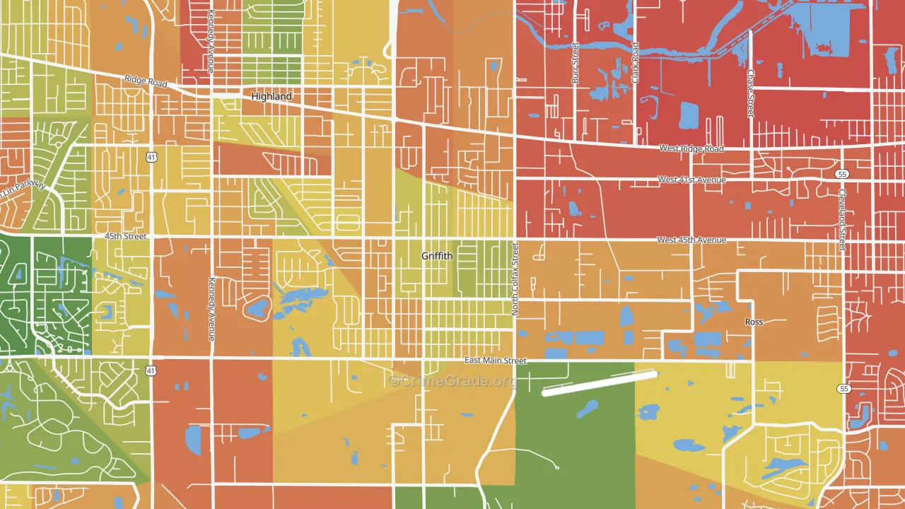 Griffith, IN Map of Robbery Rates