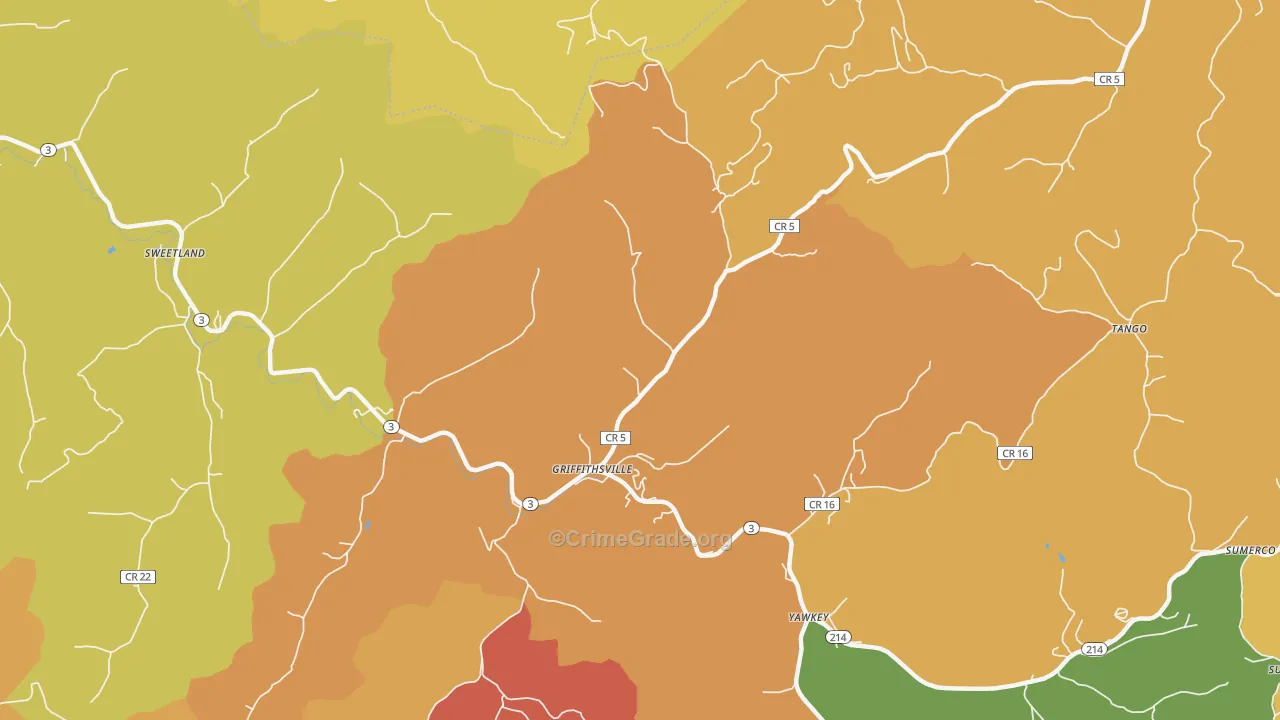 Griffithsville, WV Map of Robbery Rates