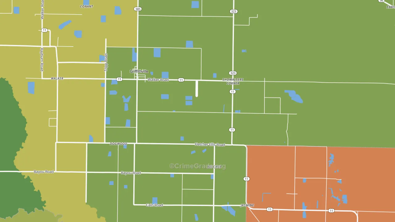 Griffithville, AR Map of Robbery Rates