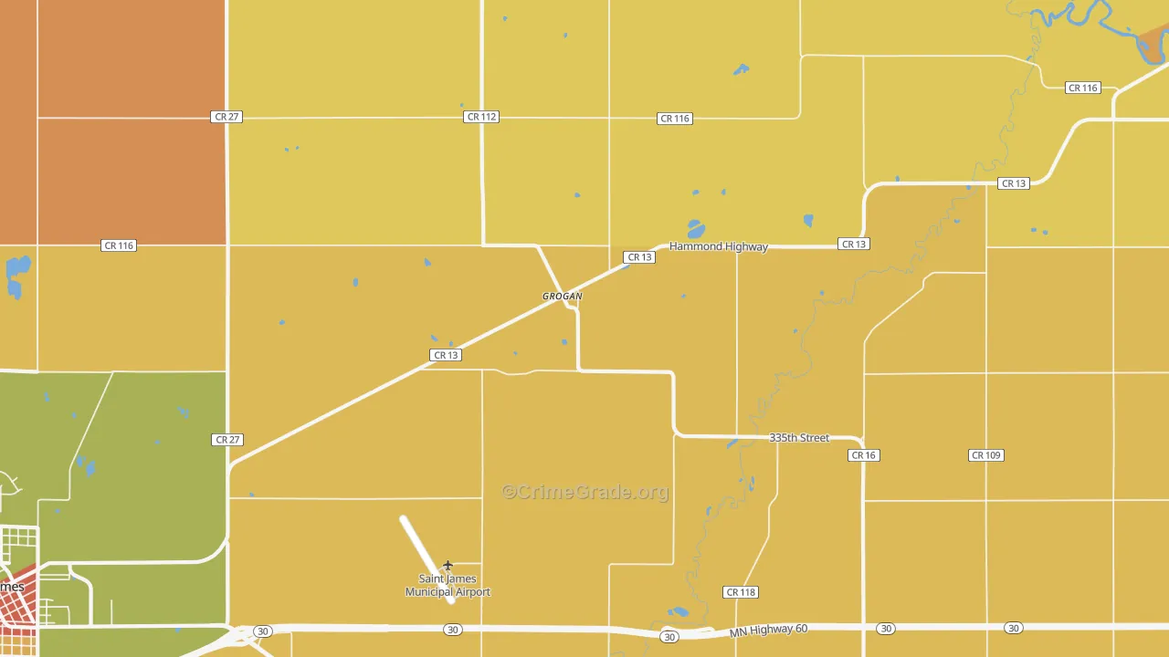 Grogan, MN Map of Robbery Rates