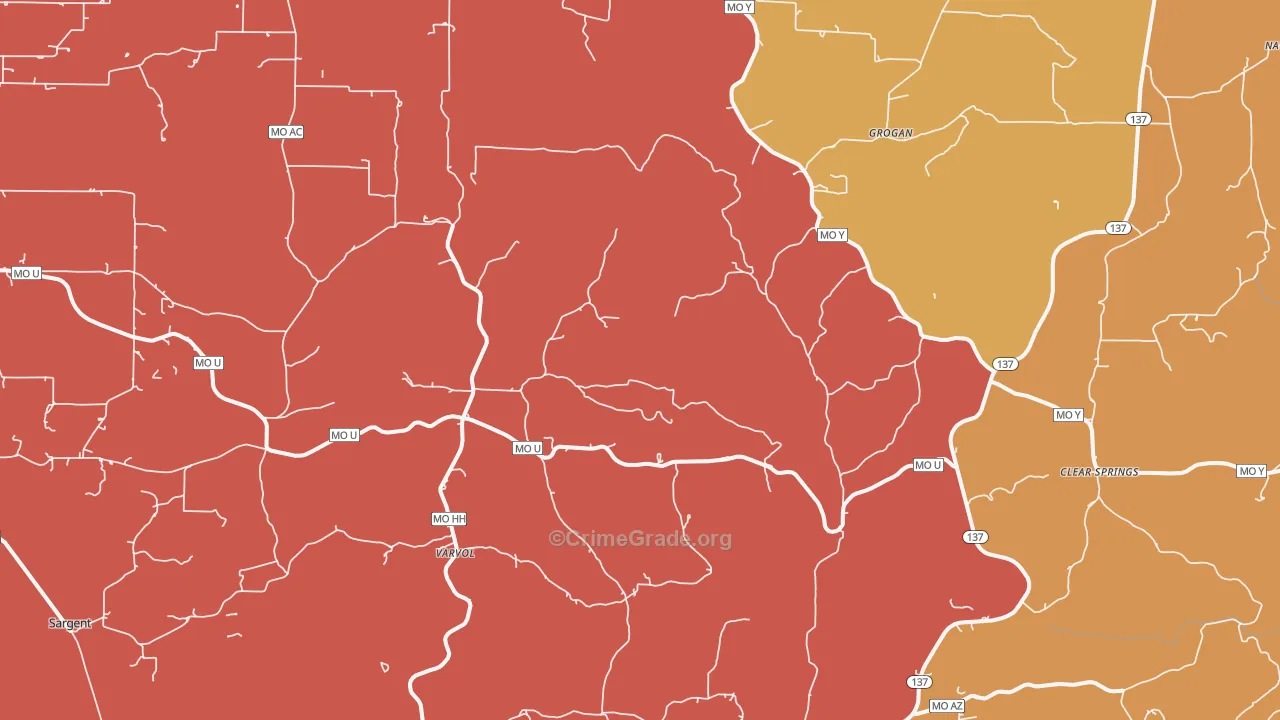 Grogan, MO Map of Robbery Rates