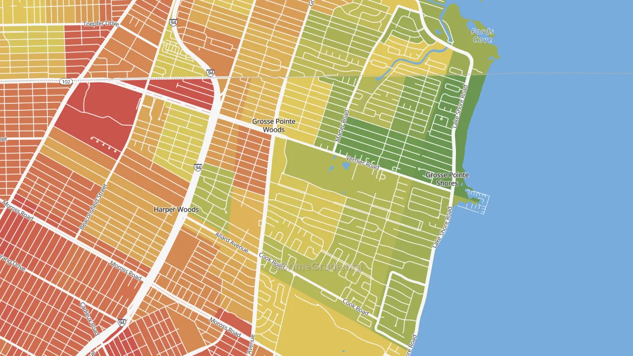 Grosse Pointe Woods, MI Map of Robbery Rates