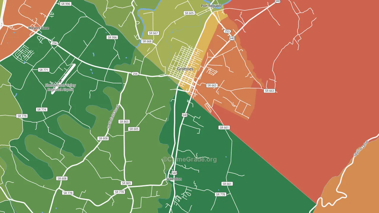 Grottoes, VA Map of Robbery Rates