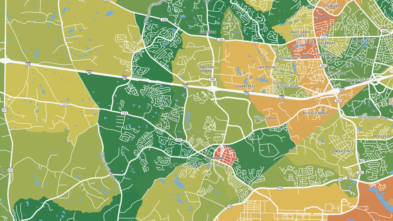 Grovetown, GA Map of Robbery Rates