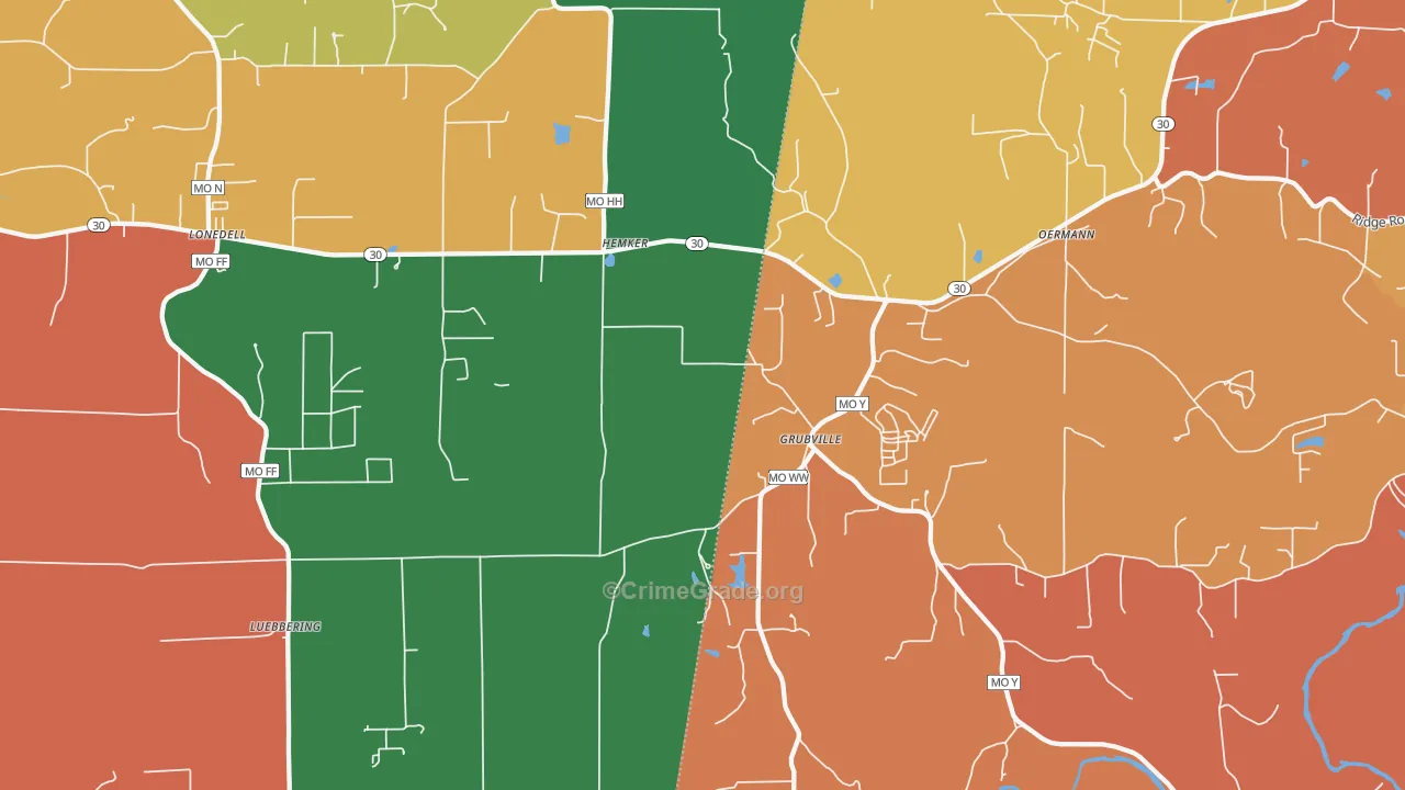 Grubville, MO Map of Robbery Rates