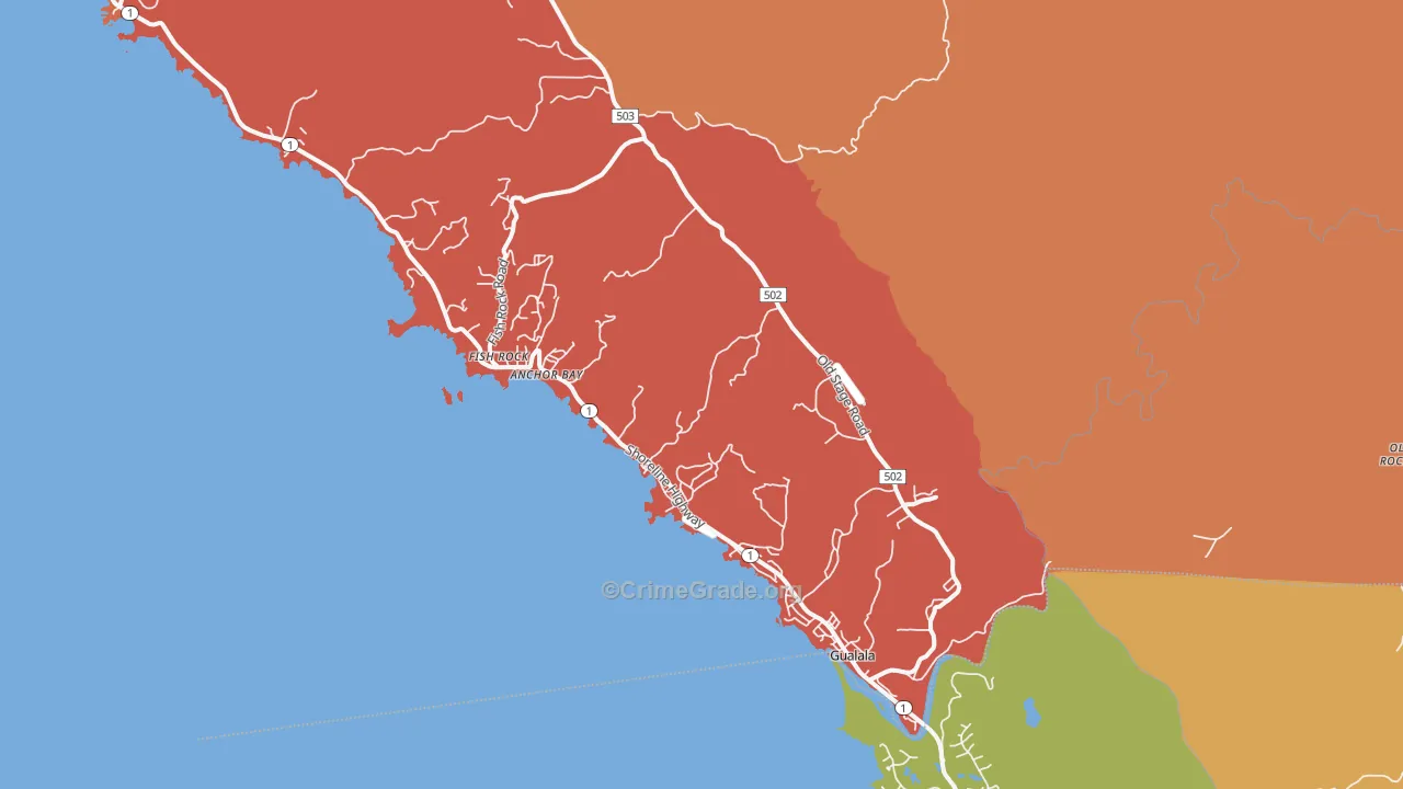 Gualala, CA Map of Robbery Rates