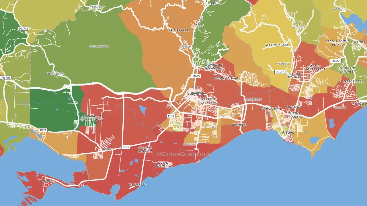 Guayama Municipio, PR Map of Robbery Rates