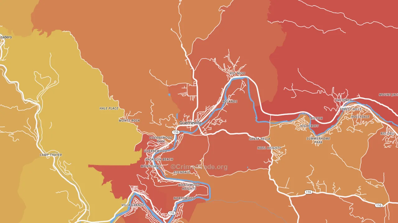 Guerneville, CA Map of Robbery Rates