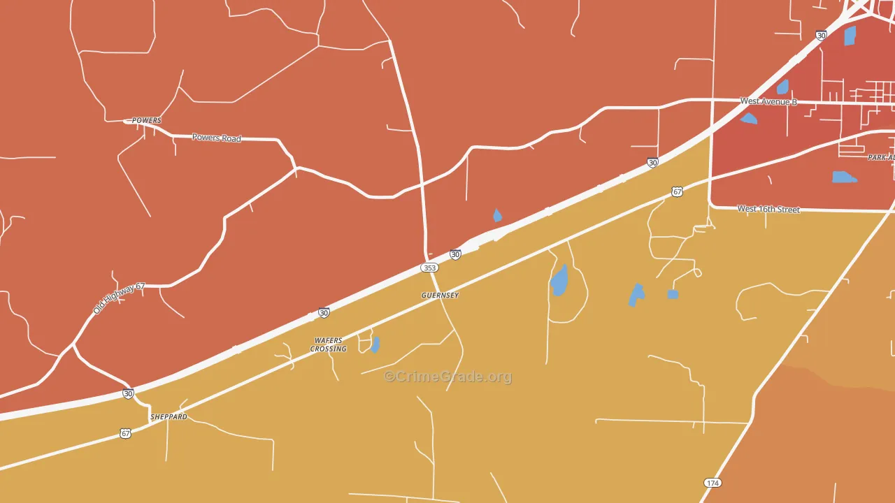 Guernsey, AR Map of Robbery Rates