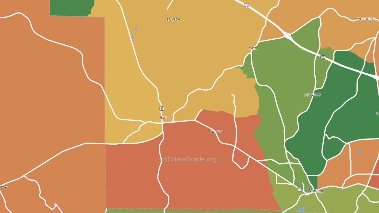 Guin, AL Map of Robbery Rates