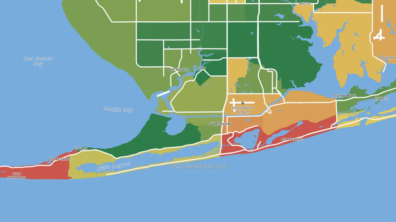 Gulf Shores, AL Map of Robbery Rates