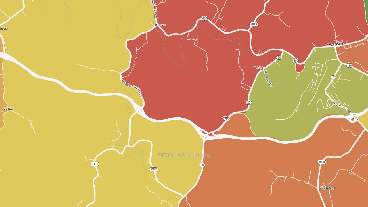 Gullett, KY Map of Robbery Rates