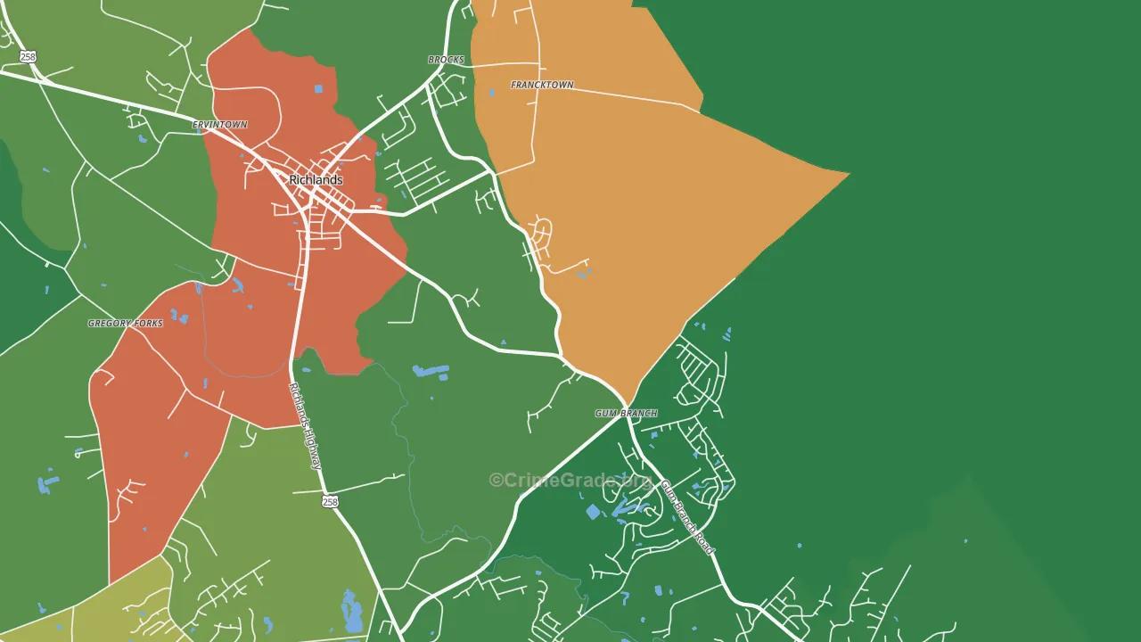 Gum Branch, NC Map of Robbery Rates