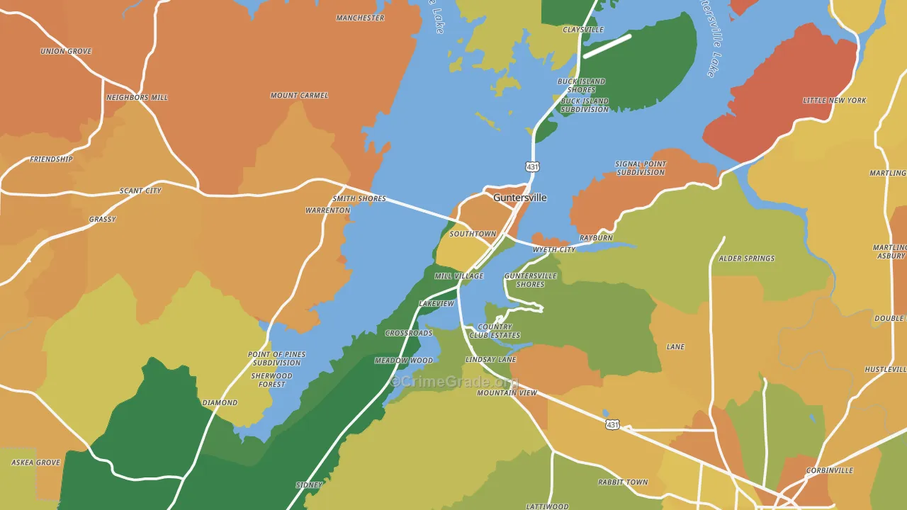 Guntersville, AL Map of Robbery Rates