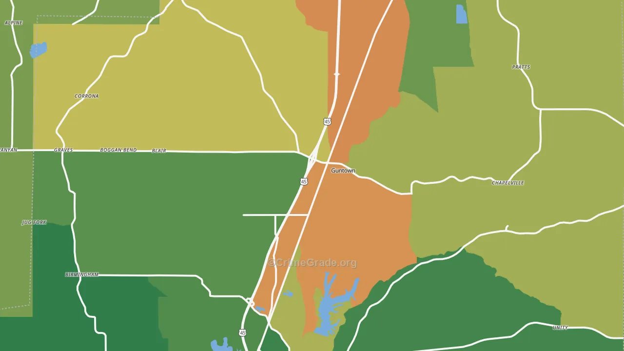 Guntown, MS Map of Robbery Rates