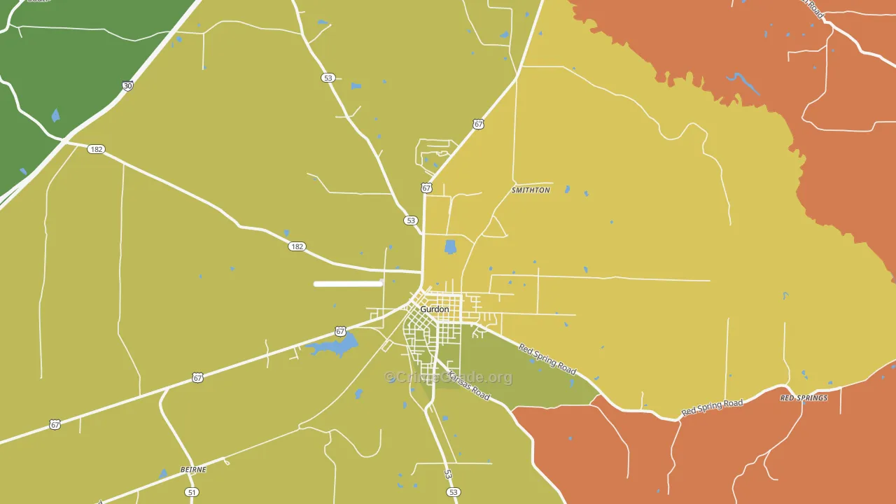 Gurdon, AR Map of Robbery Rates