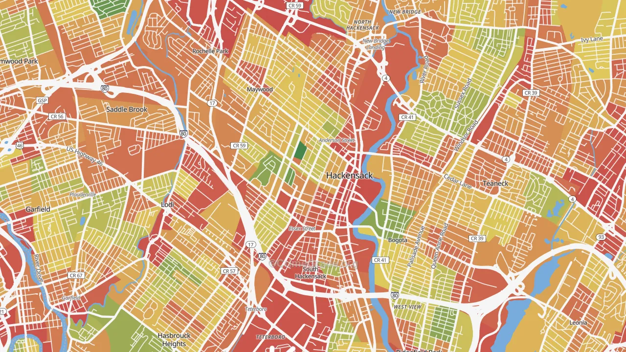 Hackensack, NJ Map of Robbery Rates