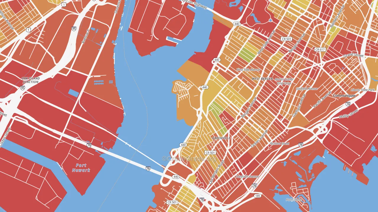 Hackensack Riverfront, Jersey City, NJ Map of Robbery Rates