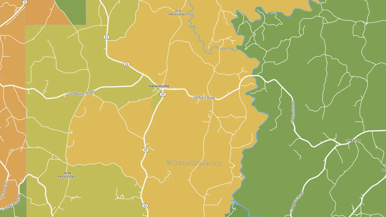 Hackneyville, AL Map of Robbery Rates