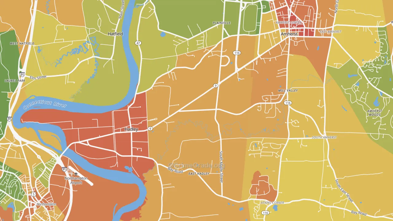 Hadley, MA Map of Robbery Rates