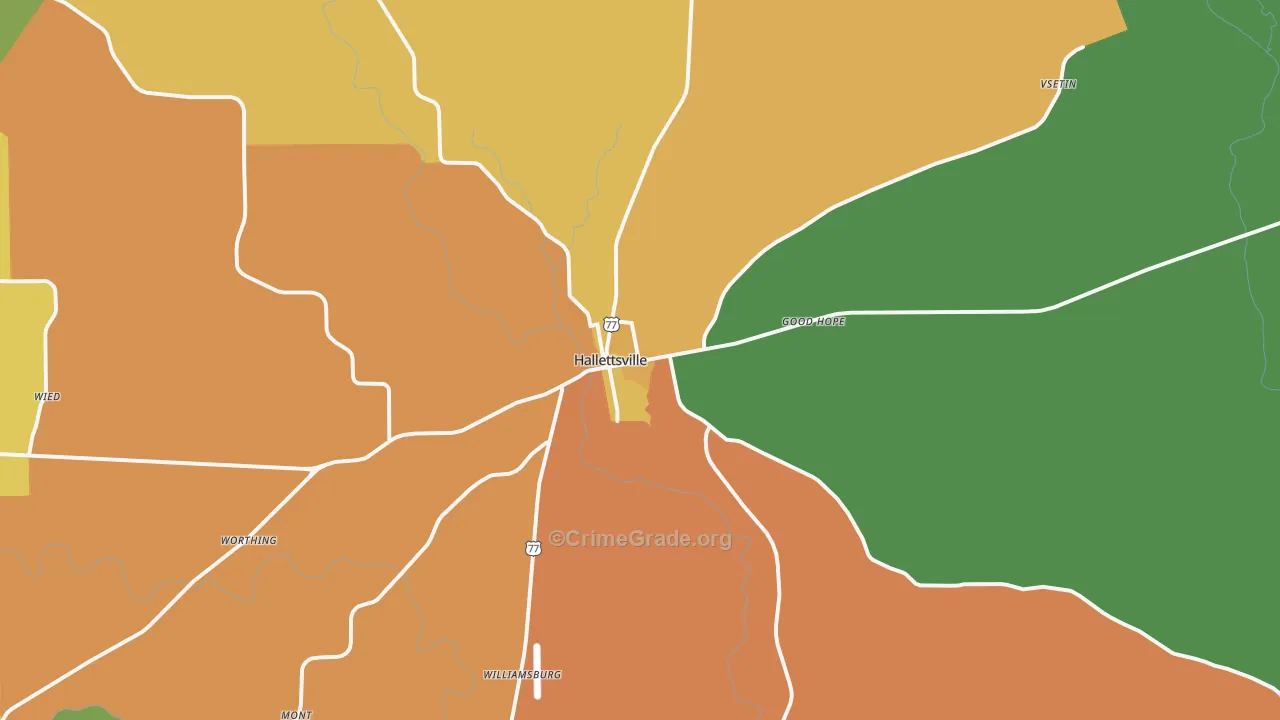 Hallettsville, TX Map of Robbery Rates