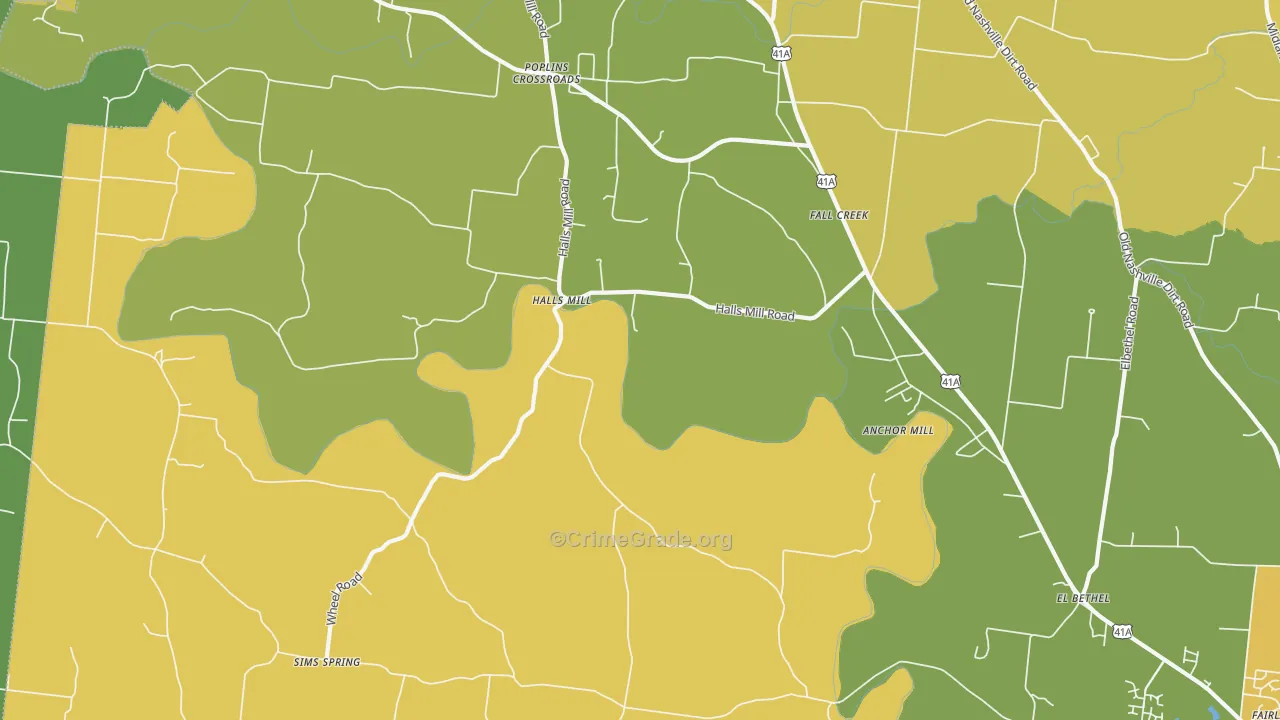 Halls Mill, TN Map of Robbery Rates