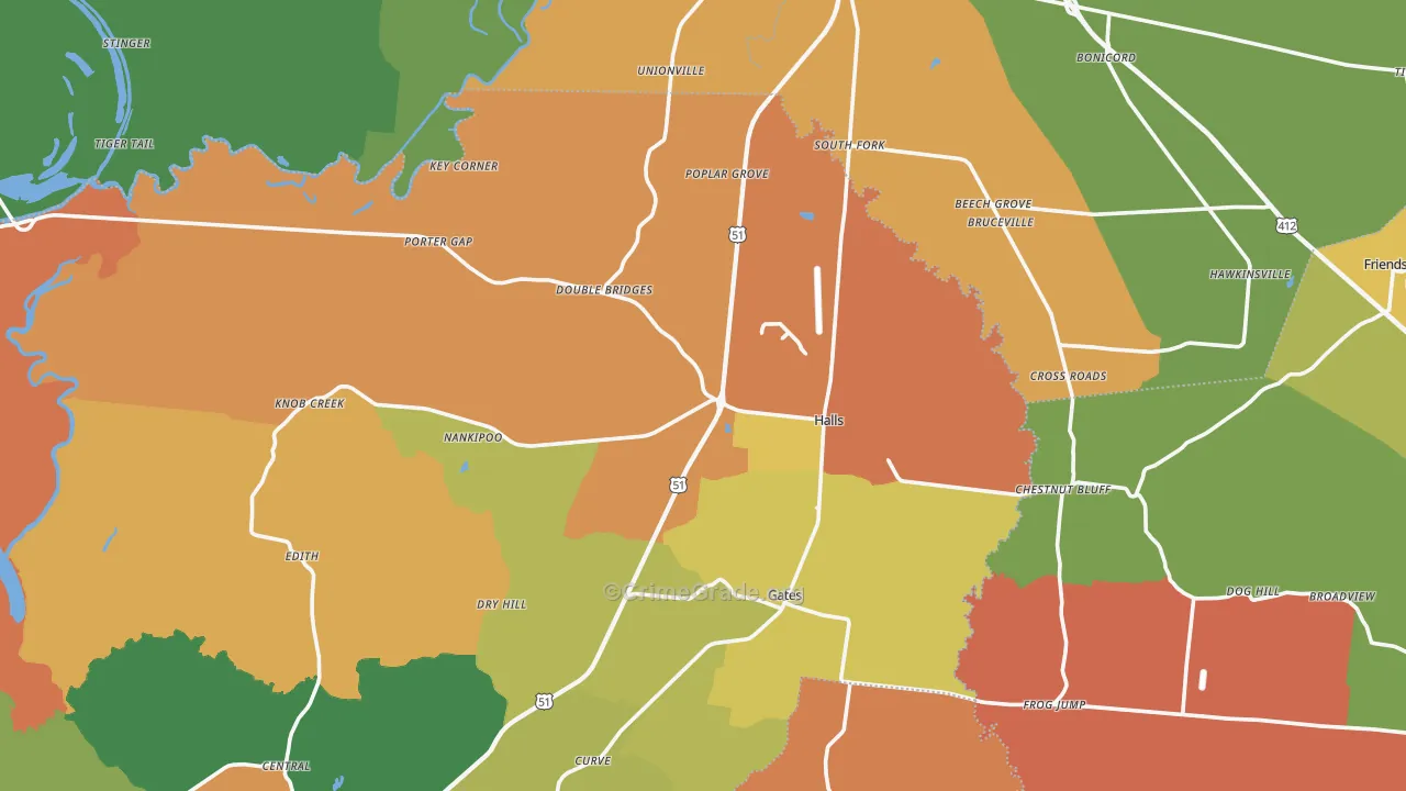 Halls, TN Map of Robbery Rates