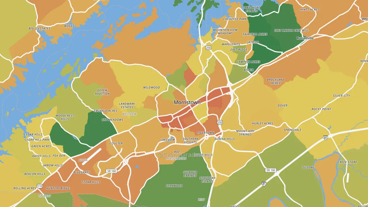 Hamblen County, TN Map of Robbery Rates