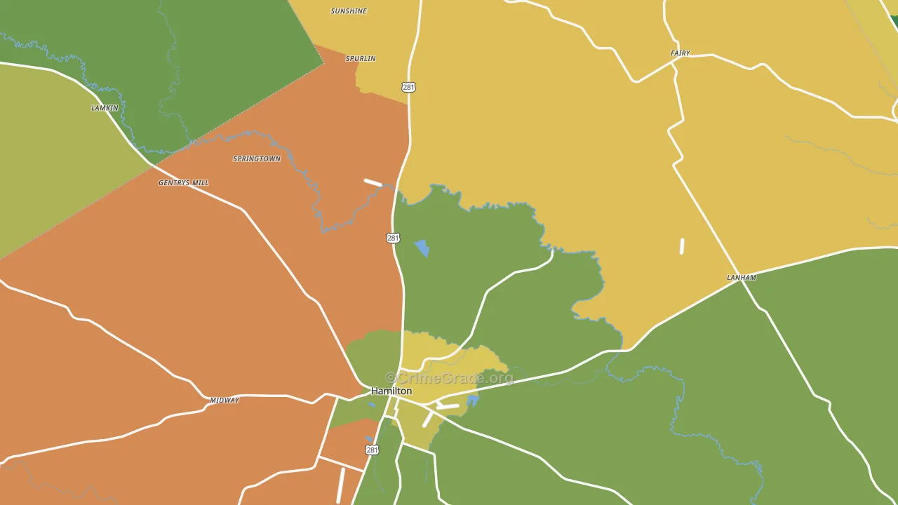 Hamilton County, TX Map of Robbery Rates