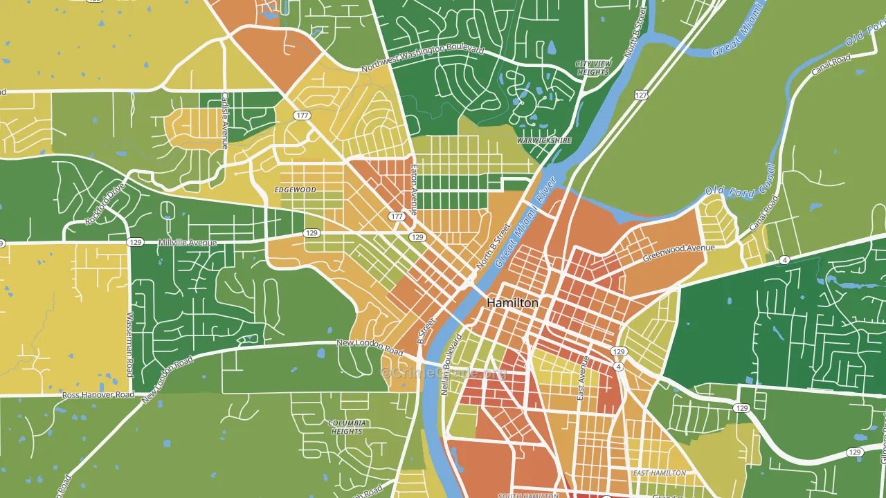 Hamilton Main Street Historic District, Hamilton, OH Map of Robbery Rates