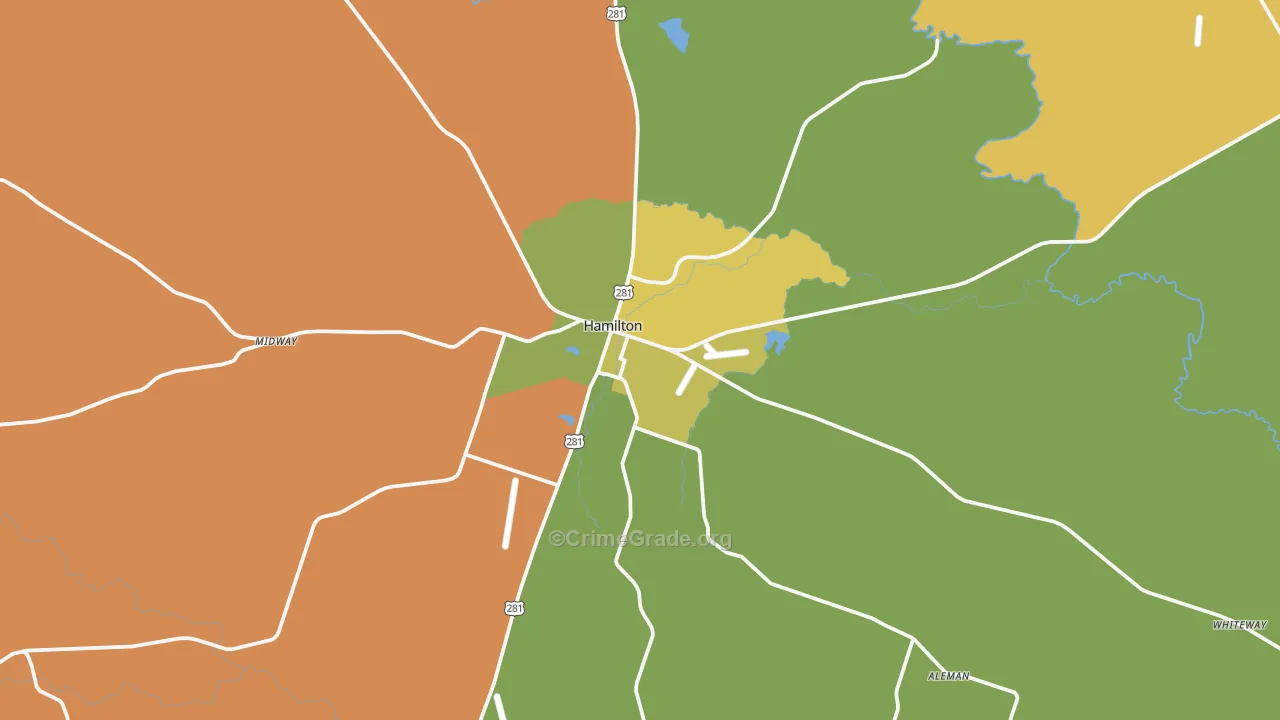 Hamilton, TX Map of Robbery Rates
