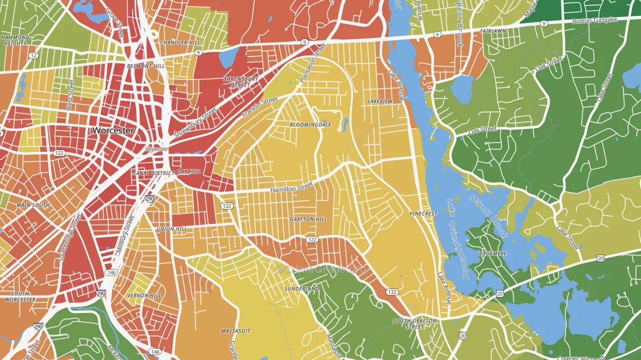 Hamilton, Worcester, MA Map of Robbery Rates
