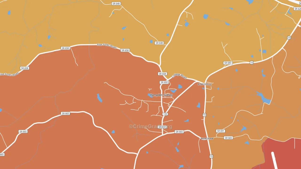 Hampden-Sydney, VA Map of Robbery Rates